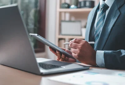 business, chart, pie, graph, investment, finance, diagram, pie chart, financial, growth. businessman putting formal suit typing keyboard with pie chart document showing company financial information.